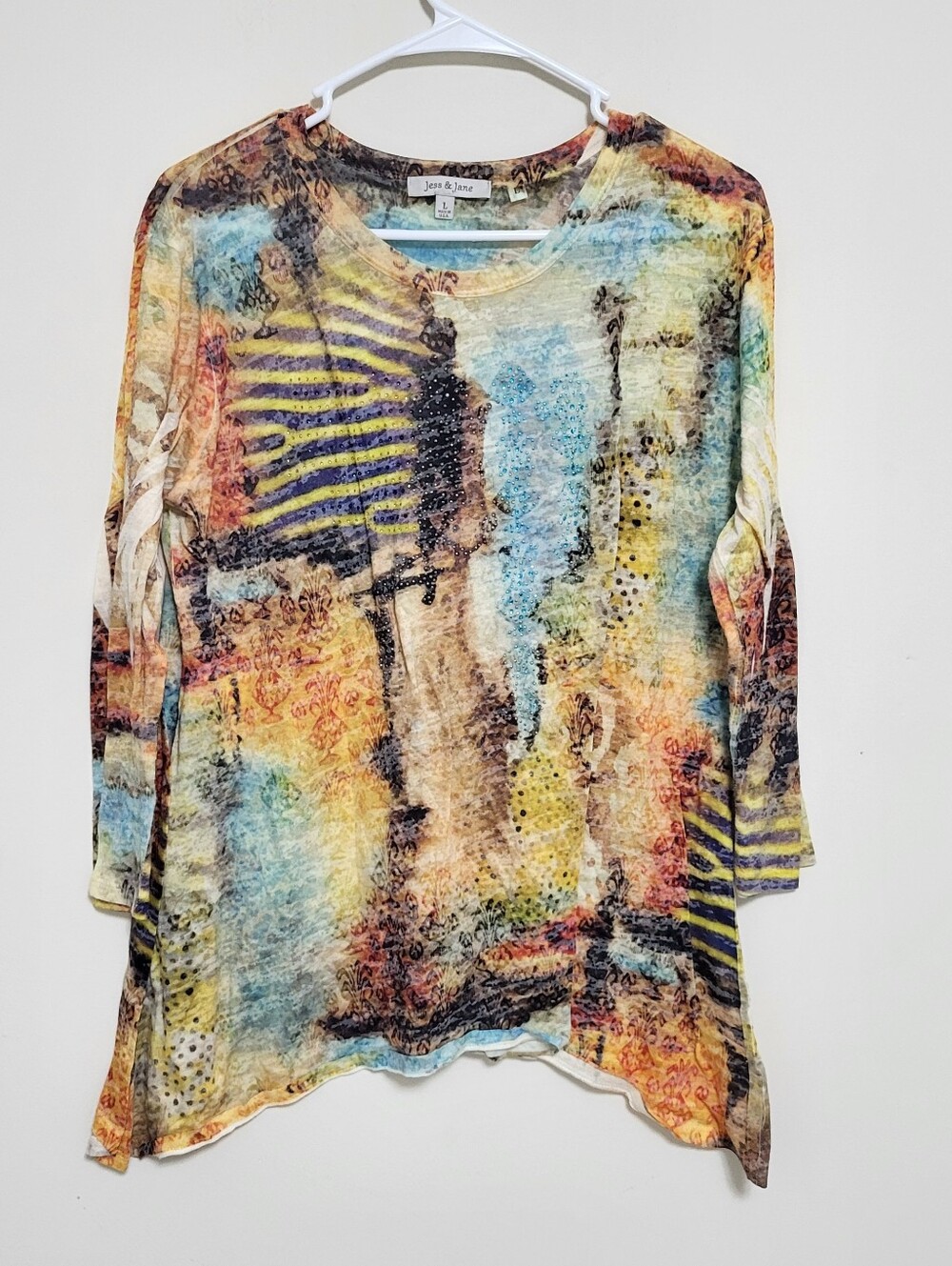 Jess & Jane Artsy Burnout Tunic Top Colorful Abstract Studded Asymmetric Sz Lg
